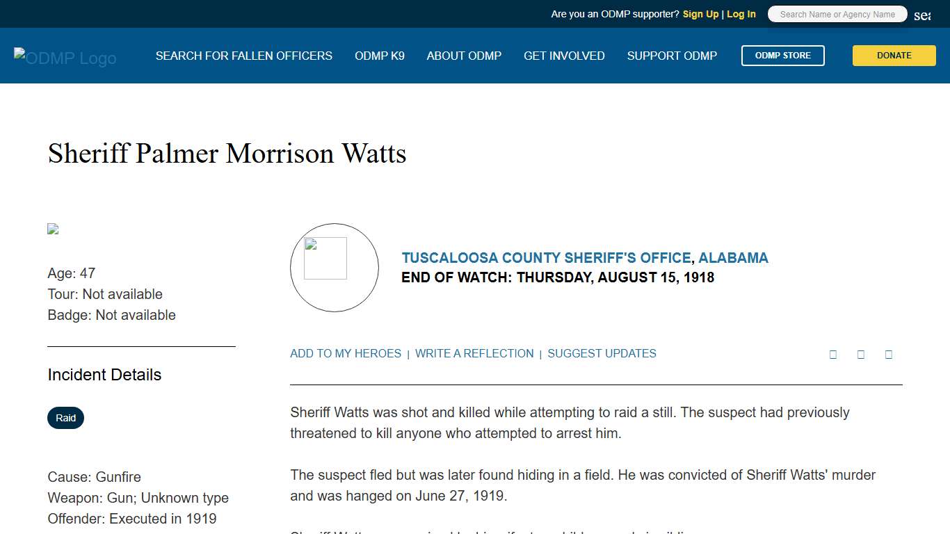 Sheriff Palmer Morrison Watts, Tuscaloosa County Sheriff's Office, Alabama