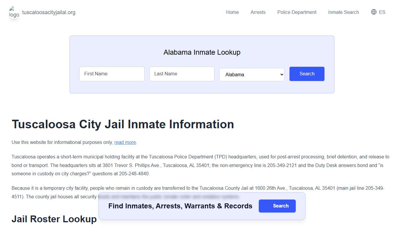 Tuscaloosa Jail, AL Inmate Roster, Municipal Jail Info